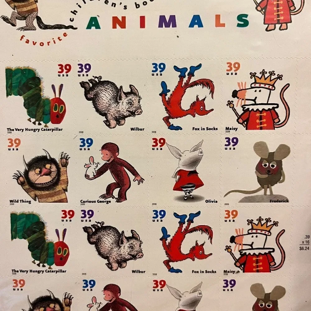 NEW Vintage 16 Collectable Stamps Picture Book Animals Full Pane Curious George