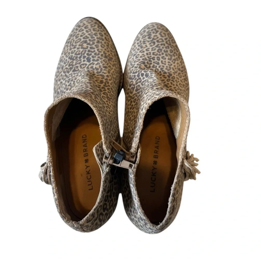 Lucky Brand Felisie Animal Print Cheetah Fringe Suede Bootie 7.5 / 38 Boho