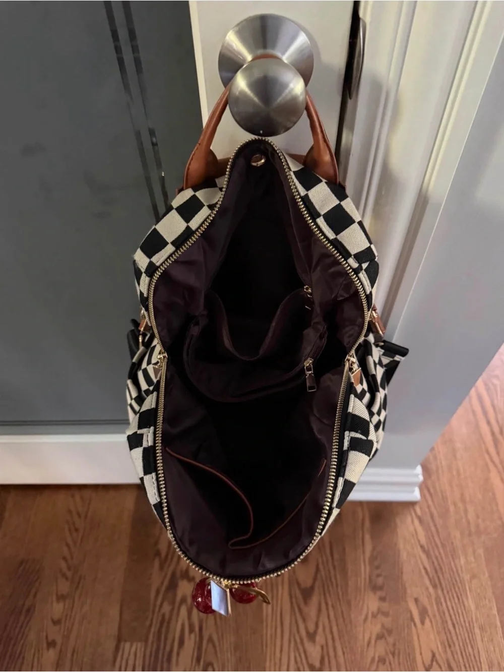 Black & White Checkered Canvas Backpack with Brown Trim & Matching Wristlet