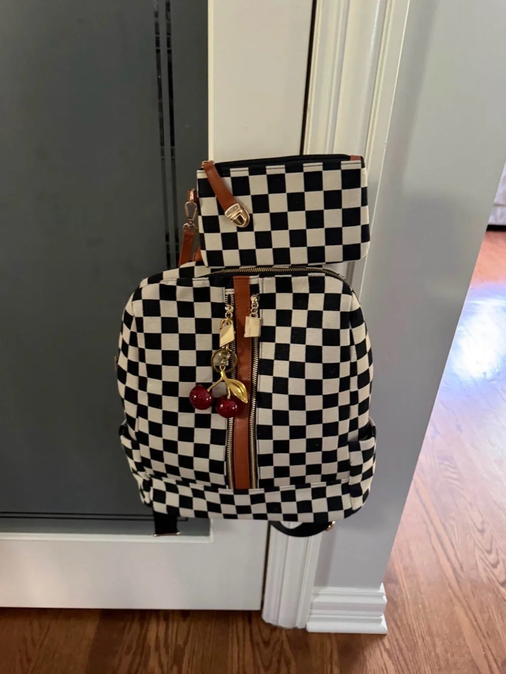 Black & White Checkered Canvas Backpack with Brown Trim & Matching Wristlet