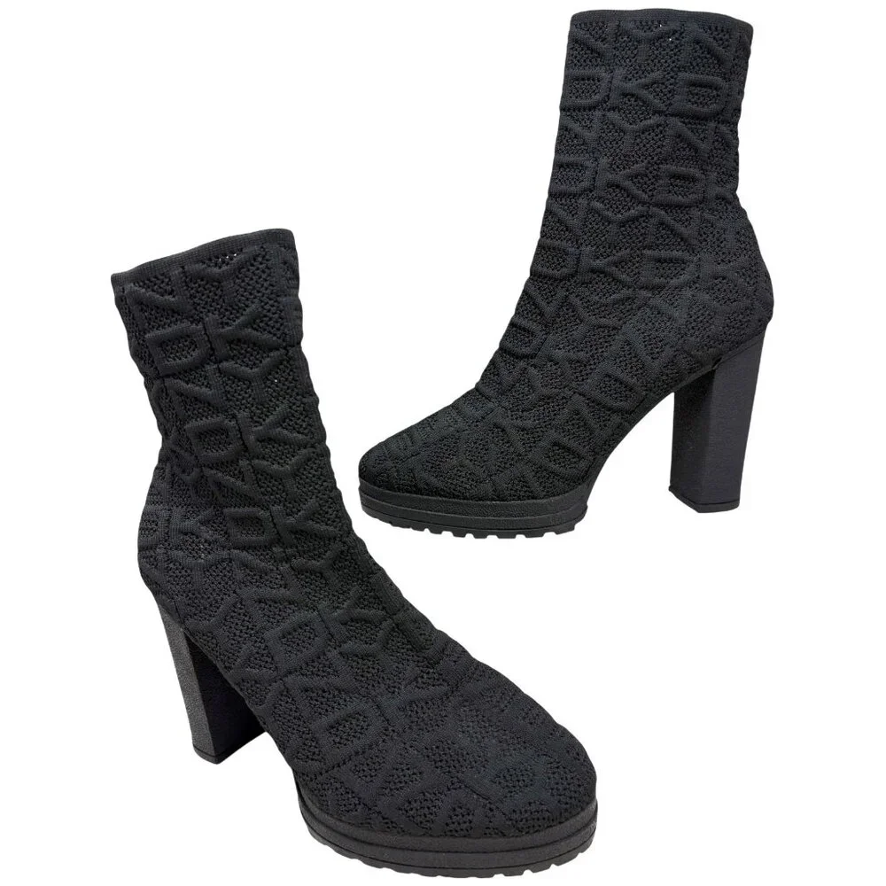 DKNY Tammy‎ Black Knit Logo Chunky Platform Bootie