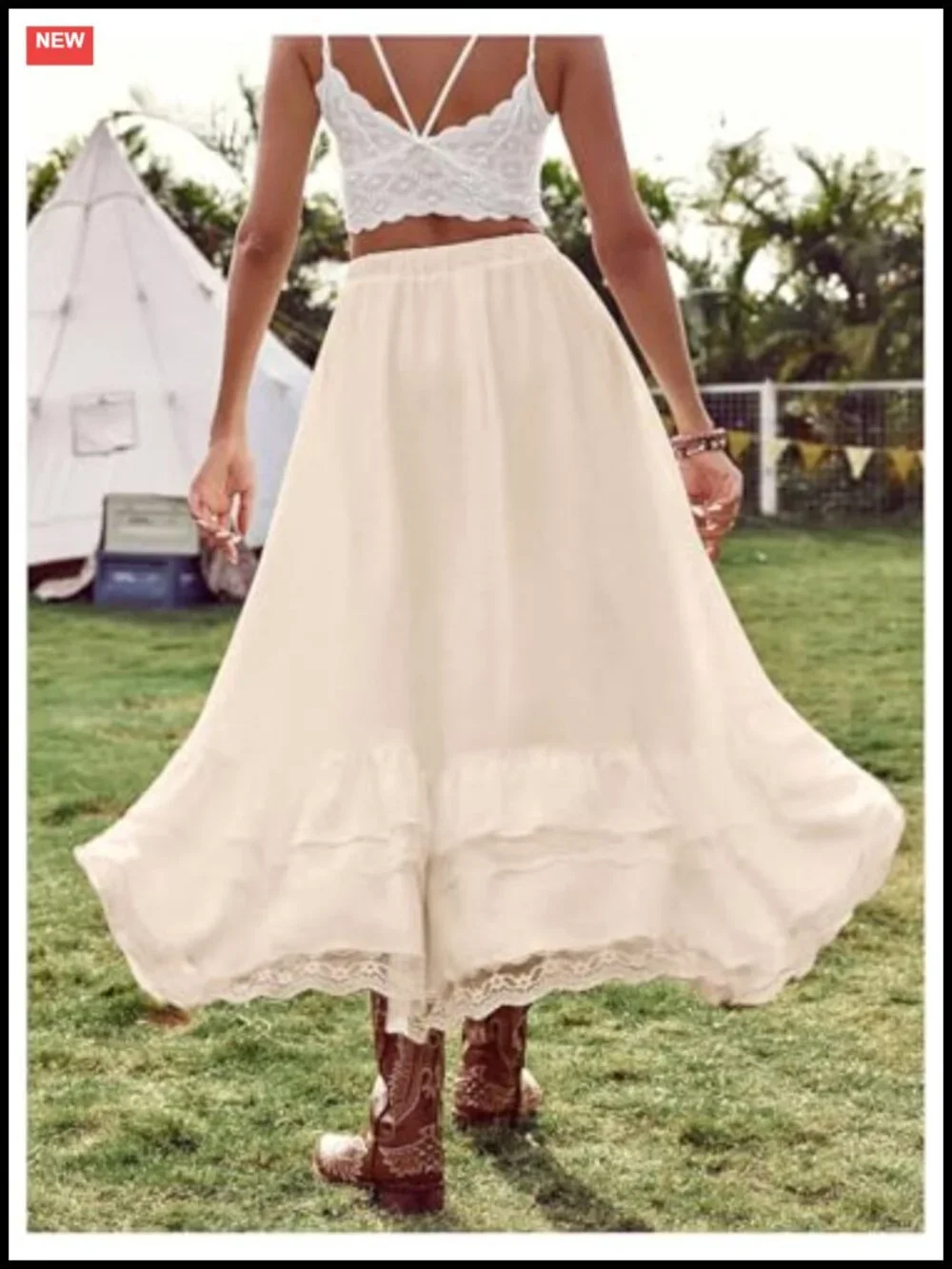 Boho Maxi Skirt High Low Asymmetrical Lace Ruffle Hem Flowy Western