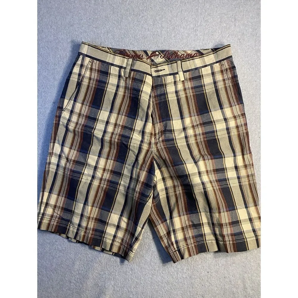 Tommy Bahama Men's Chino Shorts Plaid Flat Front Brown Beige Sz 36‎