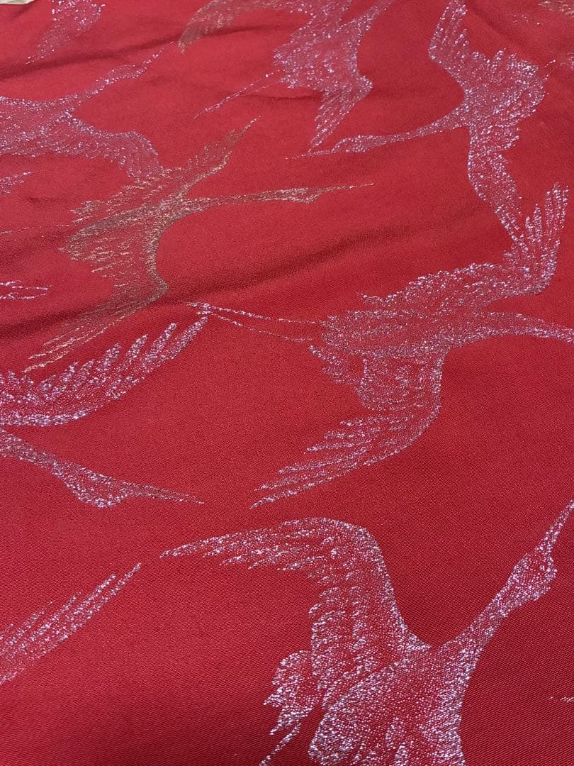 Majolica-style Red Base Crane Pattern Lined Komon Kimono