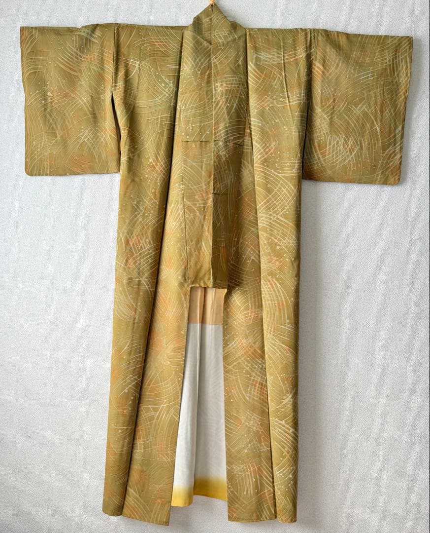 Pure Silk Kimono Komon Khaki Yellow-Green Geometric Pattern Body Length 155cm
